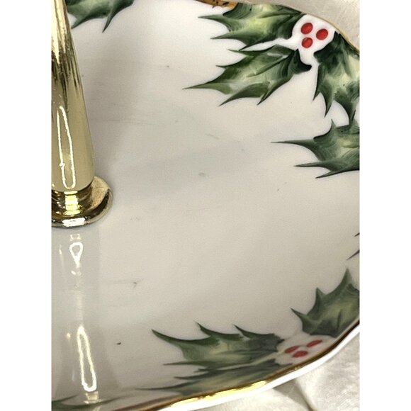 Lefton China Winter Holly Berry Handpainted Candy Mint & Tidbit Tray 1950s VTG - Picture 3 of 10